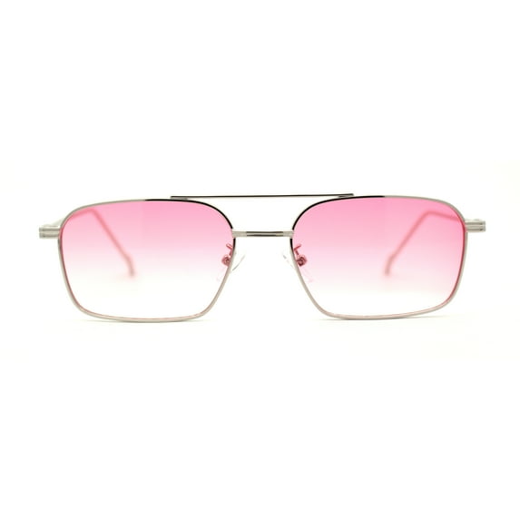 Mens Old School Double Bridge Narrow Rectangle Metal Rim Sunglasses Silver Pink