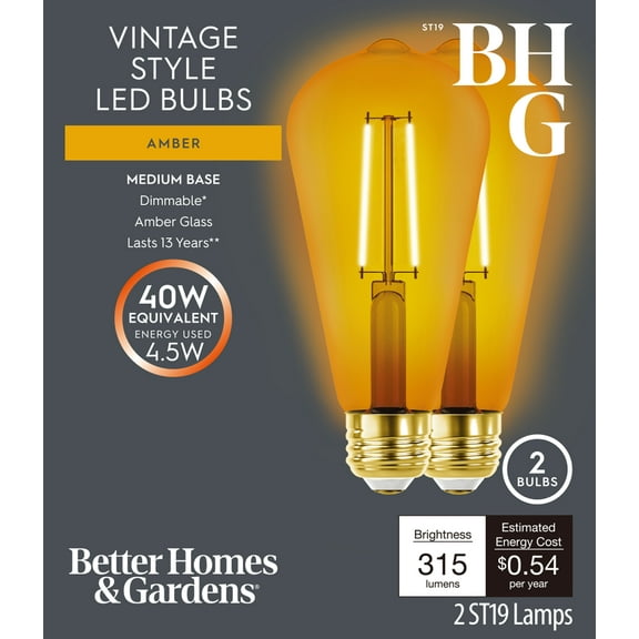 BH&G LED Vintage Bulb, 4.5-Watt (40W Equivalent) ST19 Filament Dimmable, E26 Base, Amber Glass, 2PK