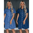 thumbnail image 4 of Women's Button Down Denim Babydoll Dress Lapel Collar Short Sleeve Flowy Tiered Ruffle Jeans Midi Dress, 4 of 4
