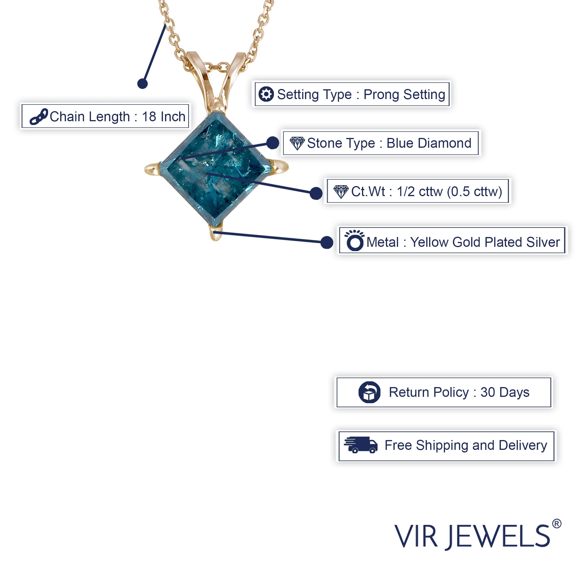 Vir Jewels 1/2 CTTW Blue Diamond Solitaire Pendant Necklace Yellow Gold Plated Sterling Silver