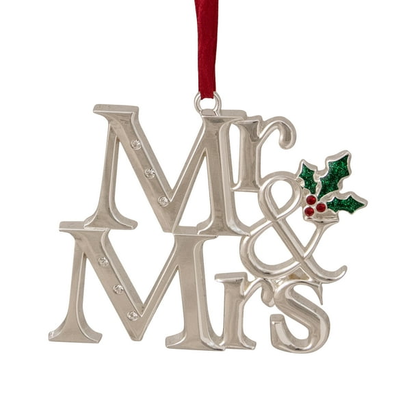 3.75" Silver Plated Mr & Mrs with Holly and 6 Euro Crystals Enamel Christmas Ornament