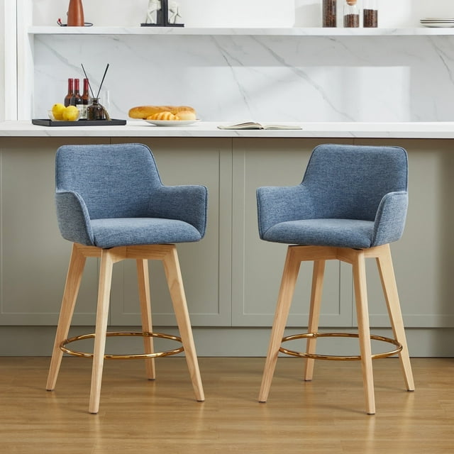 Zesthouse 25.8" Swivel Counter Height Bar Stools Set of 2, Upholstered Linen Barstool with Curved Back and Wood Legs, Mid Century Modern Counter Height Chairs for Pub Kitchen Island, Blue