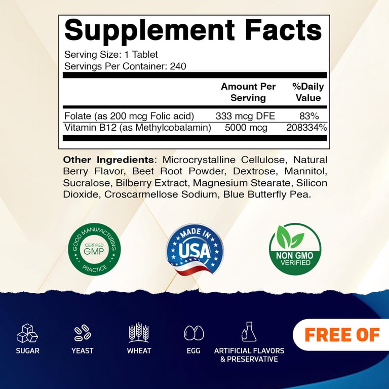 Vitamatic Methyl B12 5000 mcg with Folic Acid – Natural Berry Flavor – 240 Fast Dissolve Tablets – Methylcobalamin Vitamin B12 for Energy & Nervous 