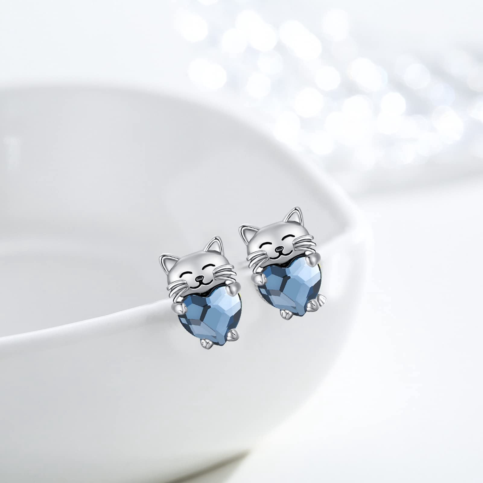 Midir&Etain Cat Love Earrings 925 Sterling Silver Cat Earrings Cute Animal Little Cat Earrings Cat Jewelry Gifts Women's Allergic Earrings Suitable for Sensitive Ears（Blue）