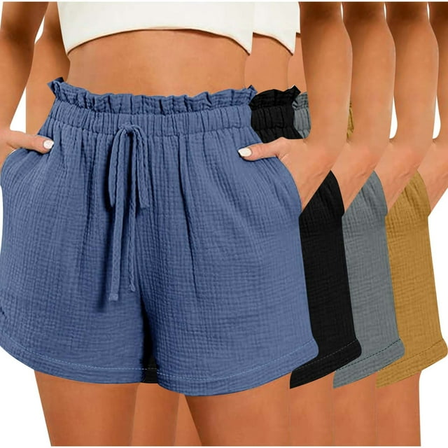 Hyknon Womens Shorts Summer Casual Solid Color Comfortable Loose Fitting 4PC Workout Shorts Elastic Waist Drawstring Sports Gym Running Shorts with Pockets