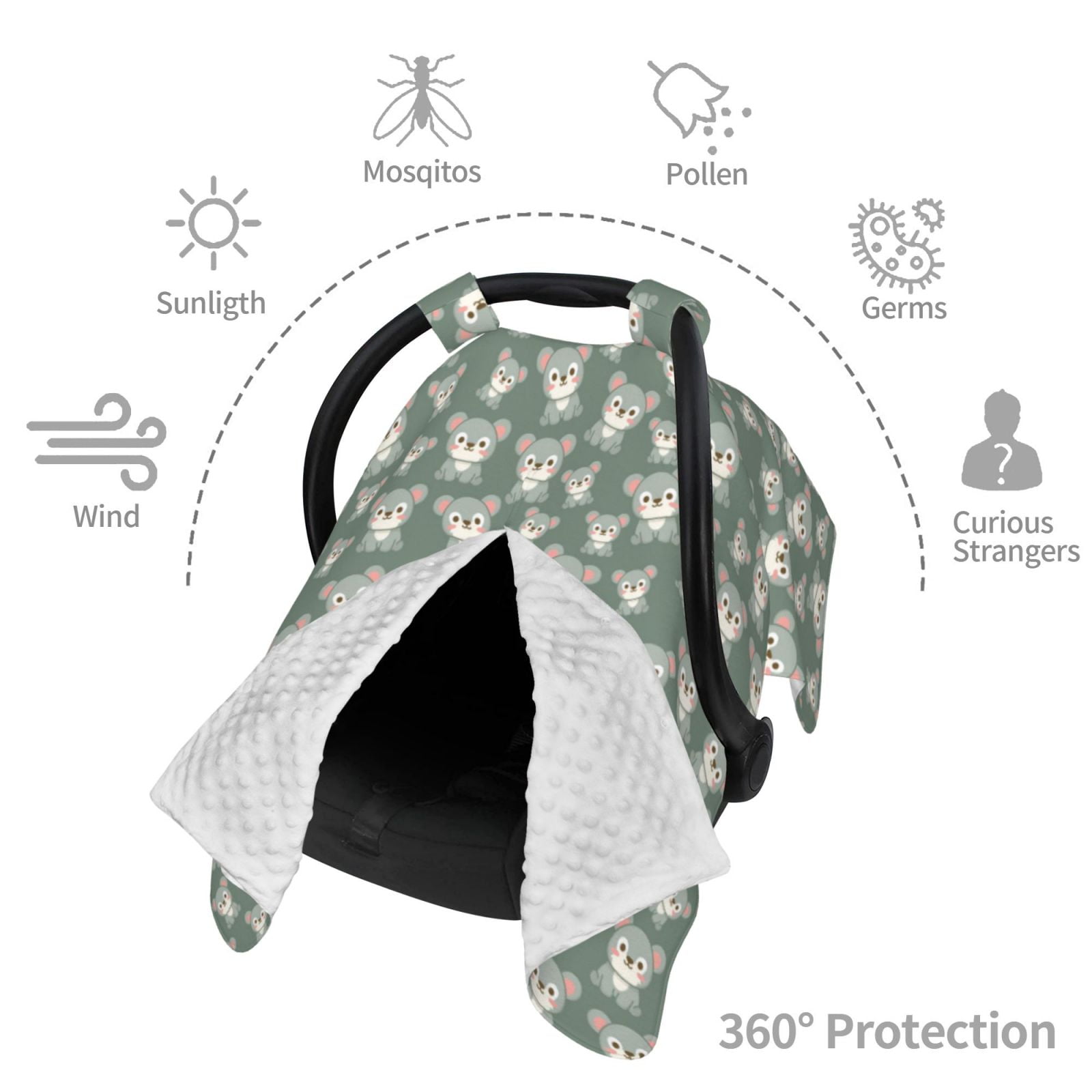 Car Seat Cover Baby - Cute Bear Print Green Breathable Infant Car Seat Cover for Baby Carseat, Lightweight Comfort Baby Essentials Must Haves Newborn Stuff for Girl Boy