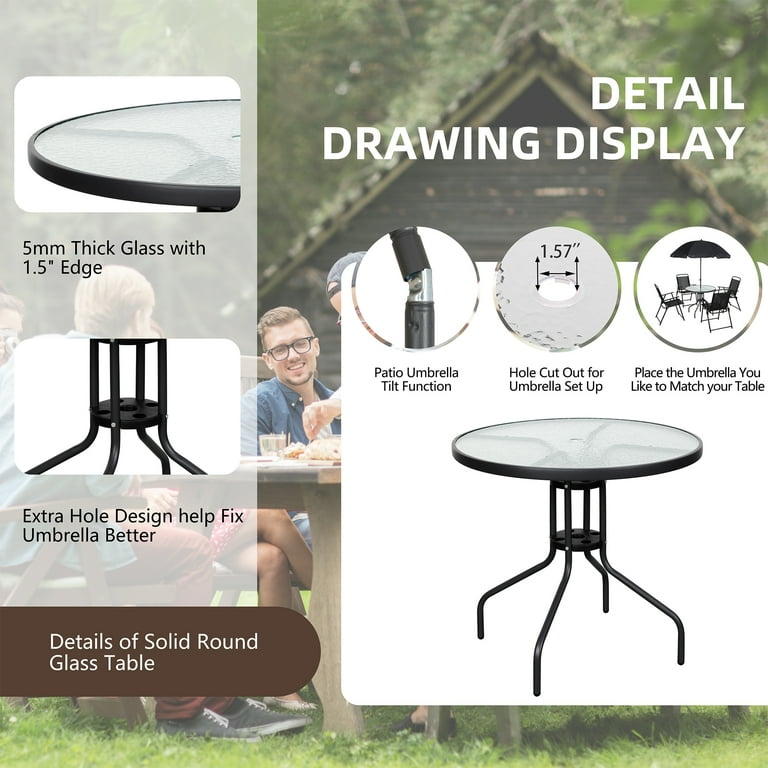 Walsunny 6 Piece Patio Furniture Set with Umbrella, Outdoor Patio Dining Set with 4 Folding Chairs and Tempered Glass Dining Table, Black