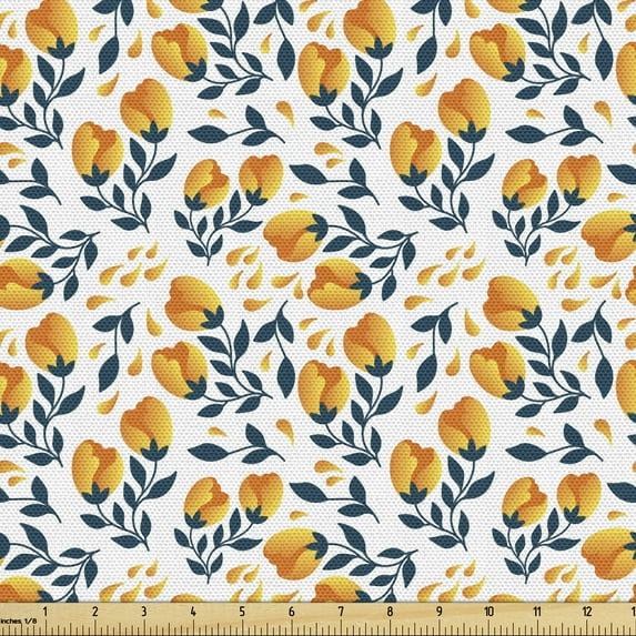 Floral Upholstery Fabric by the Yard, Summer Flowers with Repeated Petals and Leaves on Plain Background, Decorative Fabric for DIY and Home Accents, White Orange and Petrol Blue by Ambesonne
