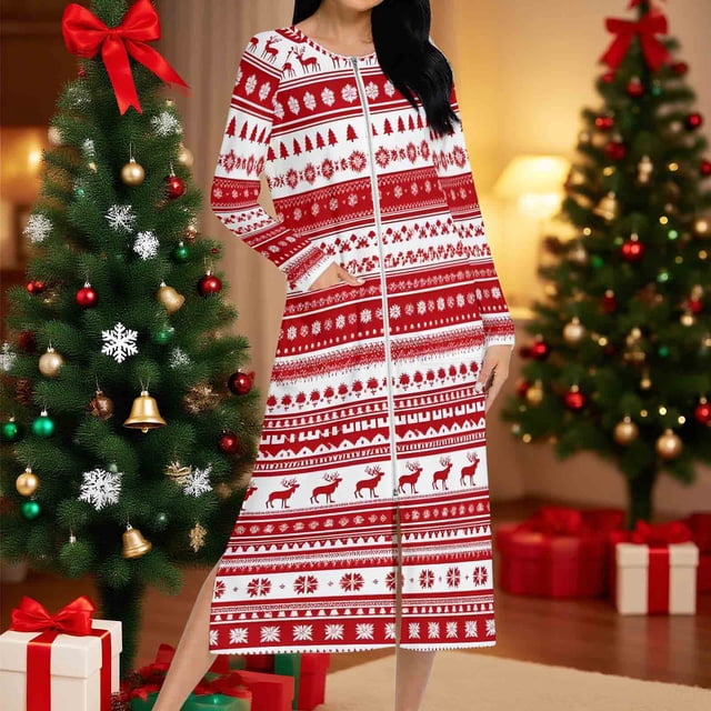 Batas para mujer, camisón con estampado navideño y camisón de invierno con cremallera y bolsillos, pijama holgado para mujer