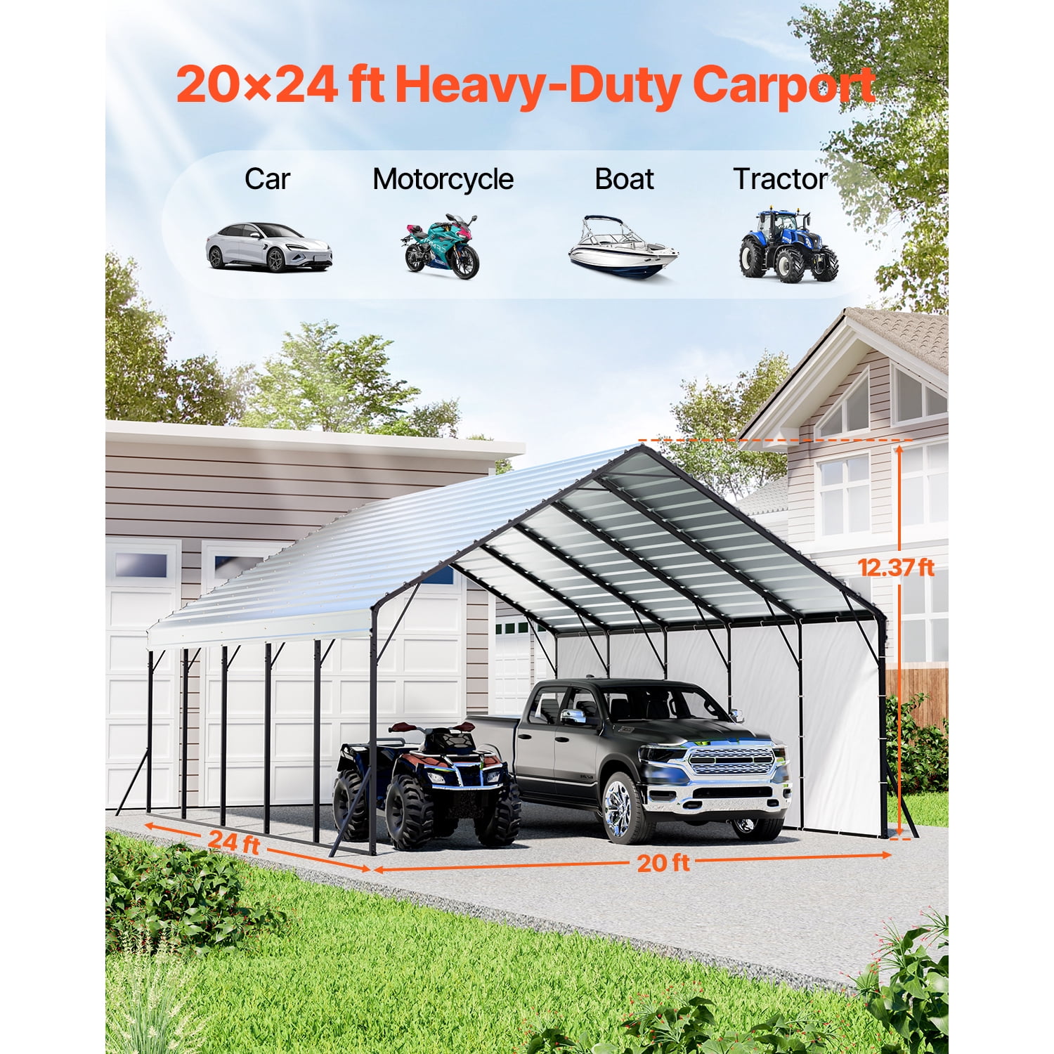 KFFKFF Durable Metal Carport, 20 x 24 ft Outdoor Shelter with Robust Frame & Roof, Vehicle Garage Shade with Detachable Side Panels, Versatile Cover for Cars, Boats, Trucks & Agricultural Equipment