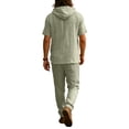 thumbnail image 6 of Mens 2 Piece Linen Set Summer Beach Short Sleeve Button Down Hooded Shirt Long Pant Vacation Casual Outfit with Short Sleeve Button-Up Top and Relaxed Long Pants Army Green L, 6 of 6
