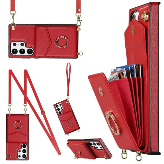 for Samsung Galaxy S23 Ultra Wallet Case with Magnetic RFID Blocking Rotated Ring Holder Kickstand Cover, PU Leather Crossbody Shoulder Strap Lanyard Case with Card Slot Bag Kickstand Case, Red