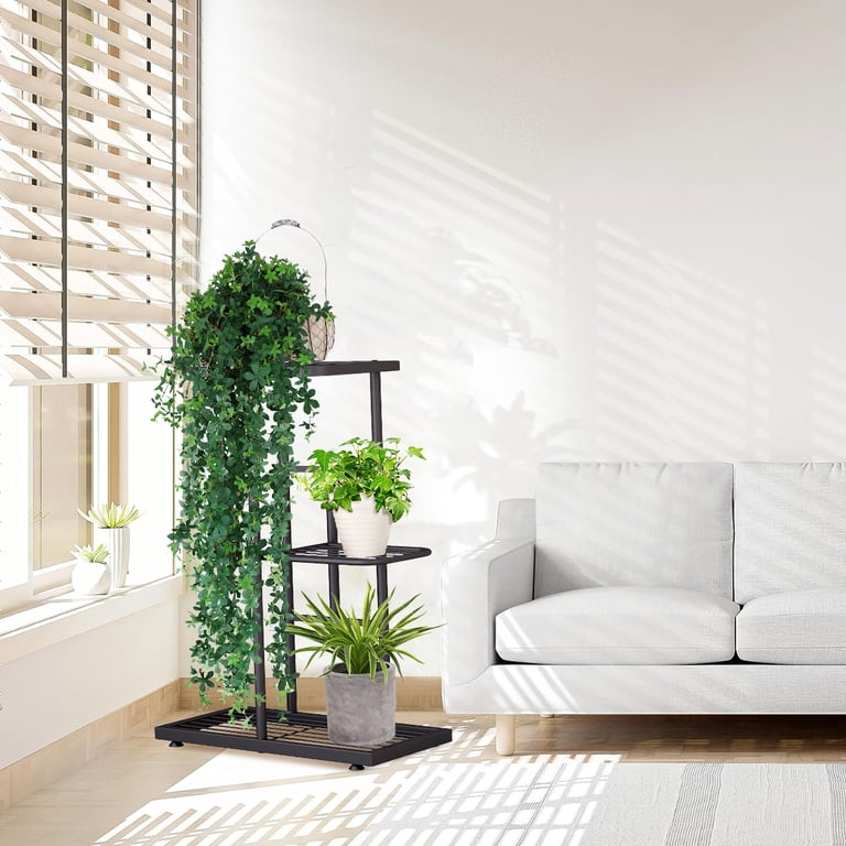 Uptyia Metal Flower Plant Stand Black Plant Stands for Indoors Plant Shelf with 3 Tier 4 Potted Dark Grey Multi-Layer Plant Shelf
