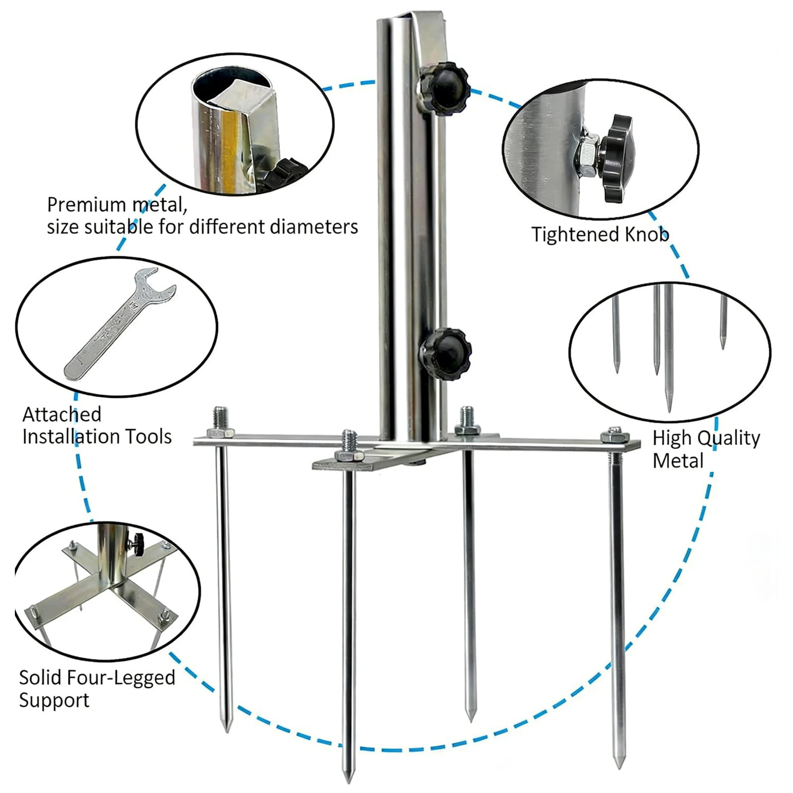 Adjustable Steel Garden Umbrella Stand With 4 Sturdy Spikes For Stability In Sand Grass Dirt Outdoor Use