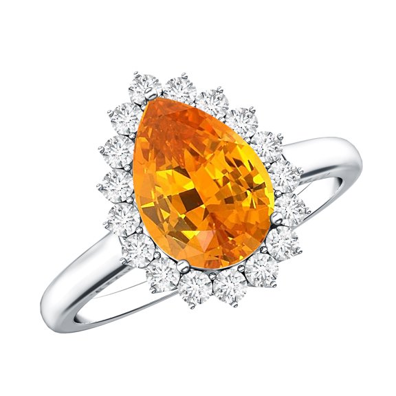 Lab Grown Orange Sapphire Ring with Diamond Halo - 2.5 Carat - AAAA Grade, 925 Sterling Silver, US 4.00