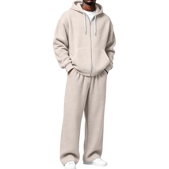 Voska Mens Sweatsuit 2 Piece Sets Zip Up Hoodie And Wide Leg Sweatpants Baggy Waffle Track Suits Athletic Sweat Set Beige L