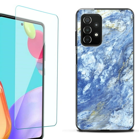 Slim-Fit Flexible TPU Gel Phone Case (black) for Samsung Galaxy A52 5G, with Tempered Glass Screen Protector, by OneToughShield ® - Marble / Gem Blue