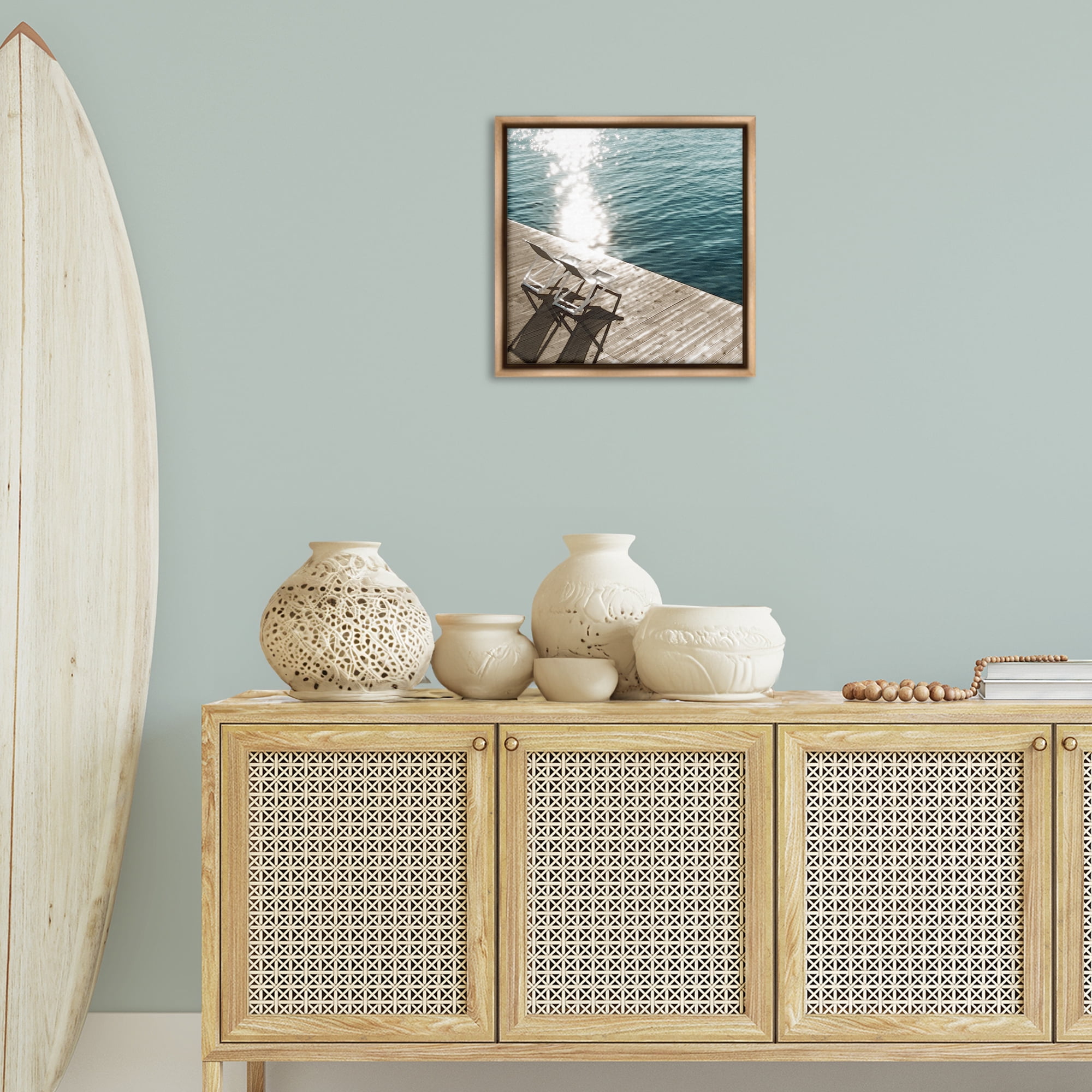Stupell Industries Deck Chair Shadows Landscape Painting Brown Floater Framed Canvas Art Print Wall Art, 18 x 18