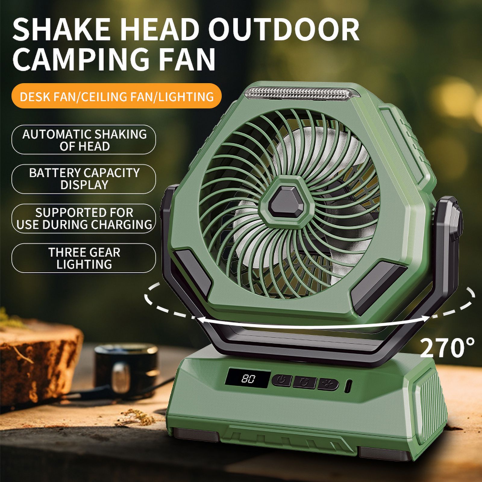 Rechargeable Portable Camping Fan with LED Lantern,Battery Powered Fan,Small Desk Cordless Fans with Hook,270 Head Rotation 3 Speeds USB Recharge Outdoor Fan for Tent Travel Canopy Beach