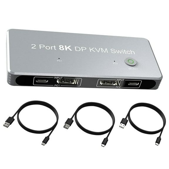 2 Ports 8K/30Hz, 4K/144Hz HDMI USB Displayport KVM Switch, Dual Share One Monitor Selector Box for PC Share Monitor Mouse Keyboard Printer