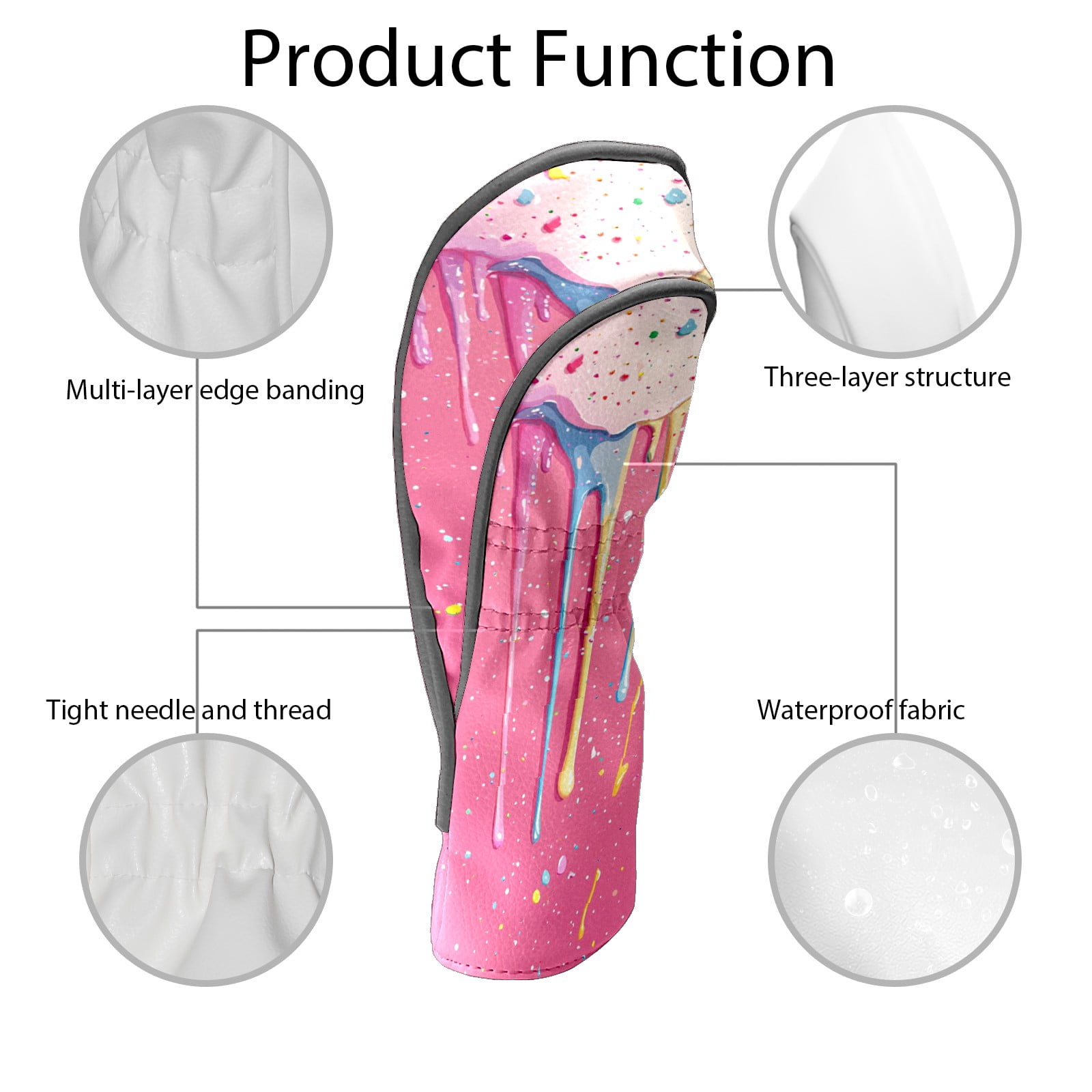 Golf Club Covers PU Leather Waterproof Head Covers for Fairway Woods Hybrids Ice Cream Droplets