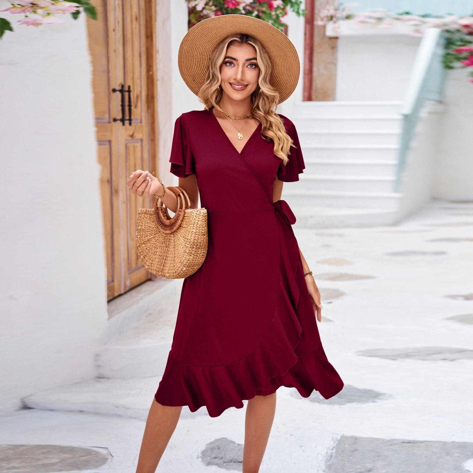 burgundy summer dress Embroidered Tulle Maxi | Boho Style Long Dress in Red - Women's Boho Fashion Flared, Empire Waist, A-line meticulously crafted with love and attention to detail Megan Burgundy A-line Summer Dress