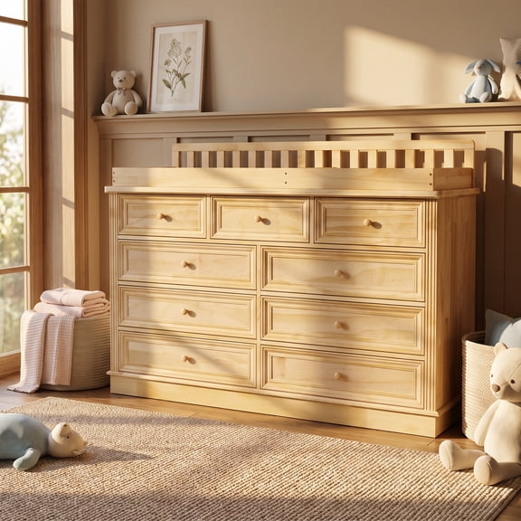 OXYLIFE Natural Wood Baby Changing Table Storage Drawers and Anti-Tip Hardware for Nursery Bedroom,55.12''W