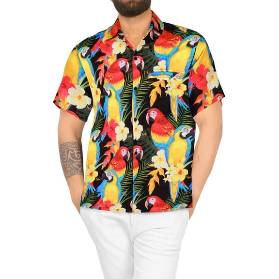 LA LEELA Men's Hawaiian Shirts Short Sleeve Button Down Shirt Mens Holiday Shirts Summer Beach Casual Aloha Tropical Shirts for Men Funny XXL Couple Parrots, Multicoloured For Dad