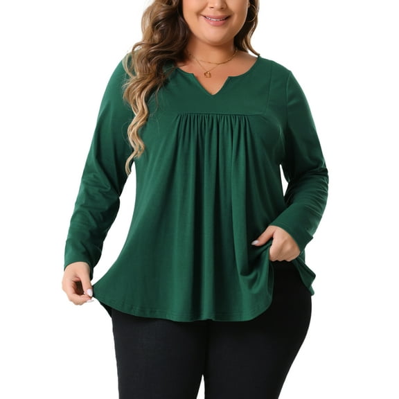 Agnes Orinda Women's Plus Size Tops Women Long Sleeve Notched Neck Front Pleated T-Shirt Blouses 2X Dark Green