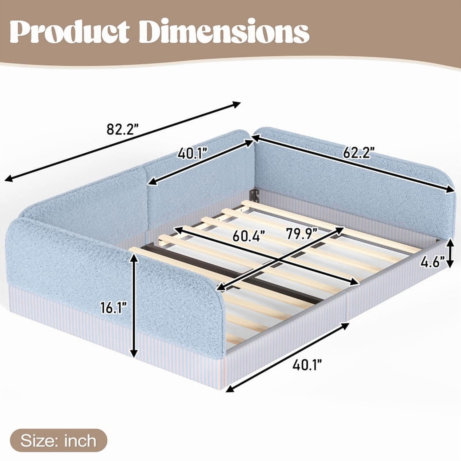 Queen Size Upholstered Floor Daybed Frame for Kids, Half-Enclosed Montessori Platform Bed with 3-Sided Surrounding Guardrails