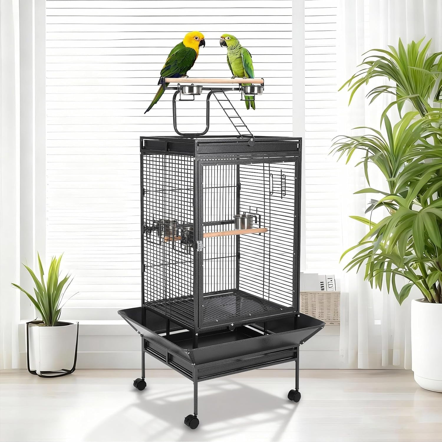QinaQin Large Bird Cage with Play Top,Rolling Stand & Bowls,Metal Parrot Aviary,Indoor/Outdoor Use,Porch,Yard,Black