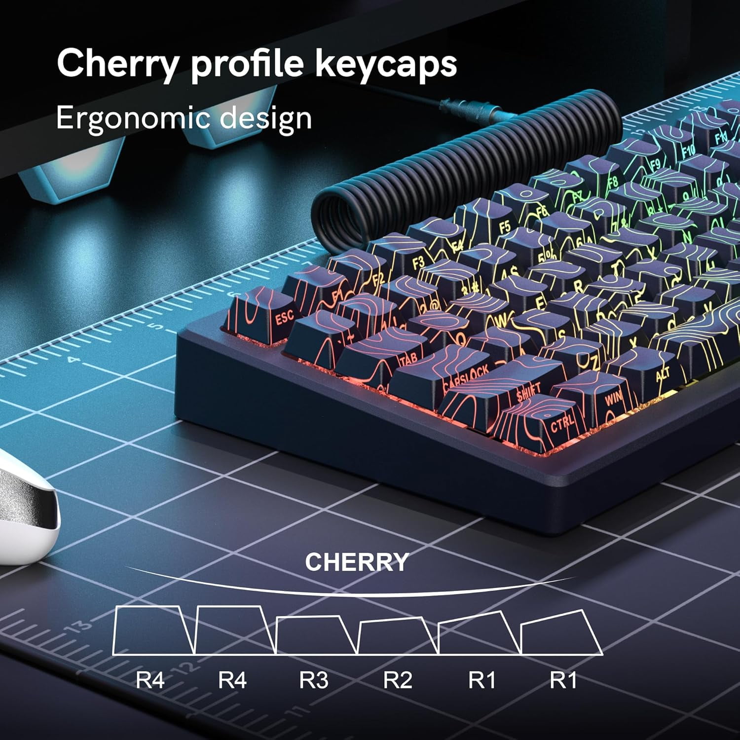 Double Shot PBT Keyboard keycaps Set,Black Topographic,Shine Through Custom keycap,Side Printed keycaps dye sub,Cherry Profile keycap for TKL US Layout Mechanical Keyboard(134keys)