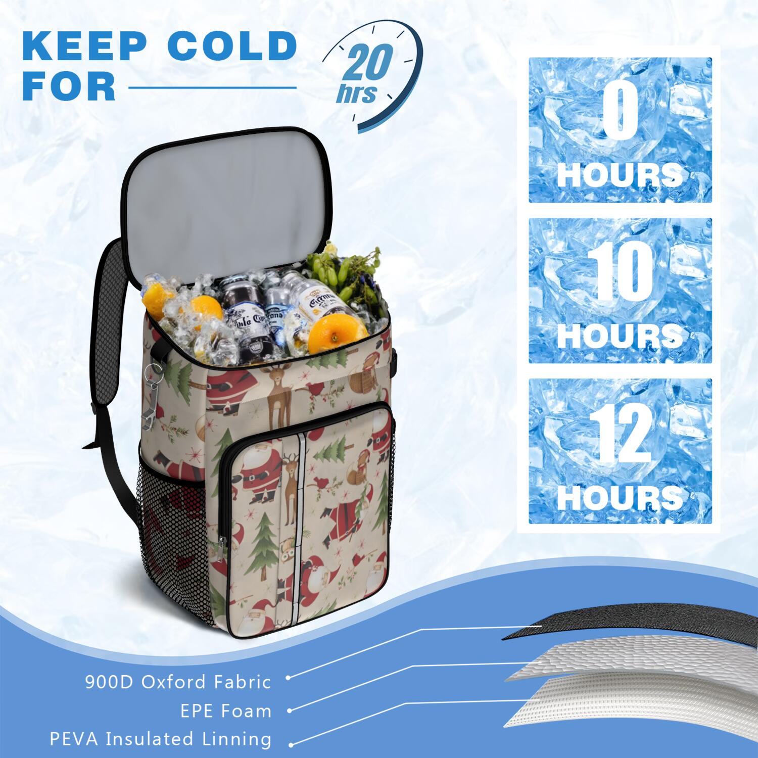 Travel Cooler Bag - Beige Christmas Santa and Animal Pattern Camping Beer Cooler Backpack with Bottle Opener- Waterproof Insulated Picnic Backpacks - Cooler Bag for Beach