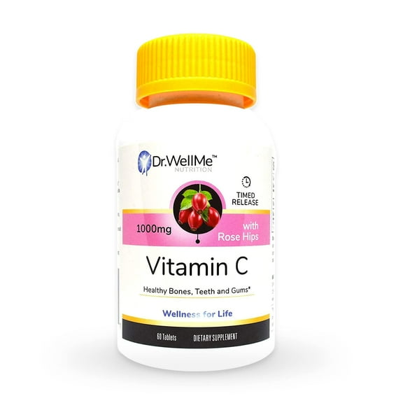 Vitamin C 1,000mg Timed Release Tablets with Rose Hips for Immune Support & Antioxidant Protection - Healthy Skin & Joints - Non-GMO, Vegan, Gluten-Free, Dairy-Free (60 Capsules)