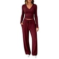 thumbnail image 2 of Lounge Set V Neck Ruched Long Sleeve Crop Top Drawstring Wide Leg Pants Sets for Women Cozy Loose Fit Casual Outfits Wine M, 2 of 7