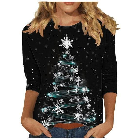 Christmas 3/4 Sleeve T Shirts for Women Plus Size T Shirt Crew Neck Casual Tops Fashion Printed Round Neck Tops