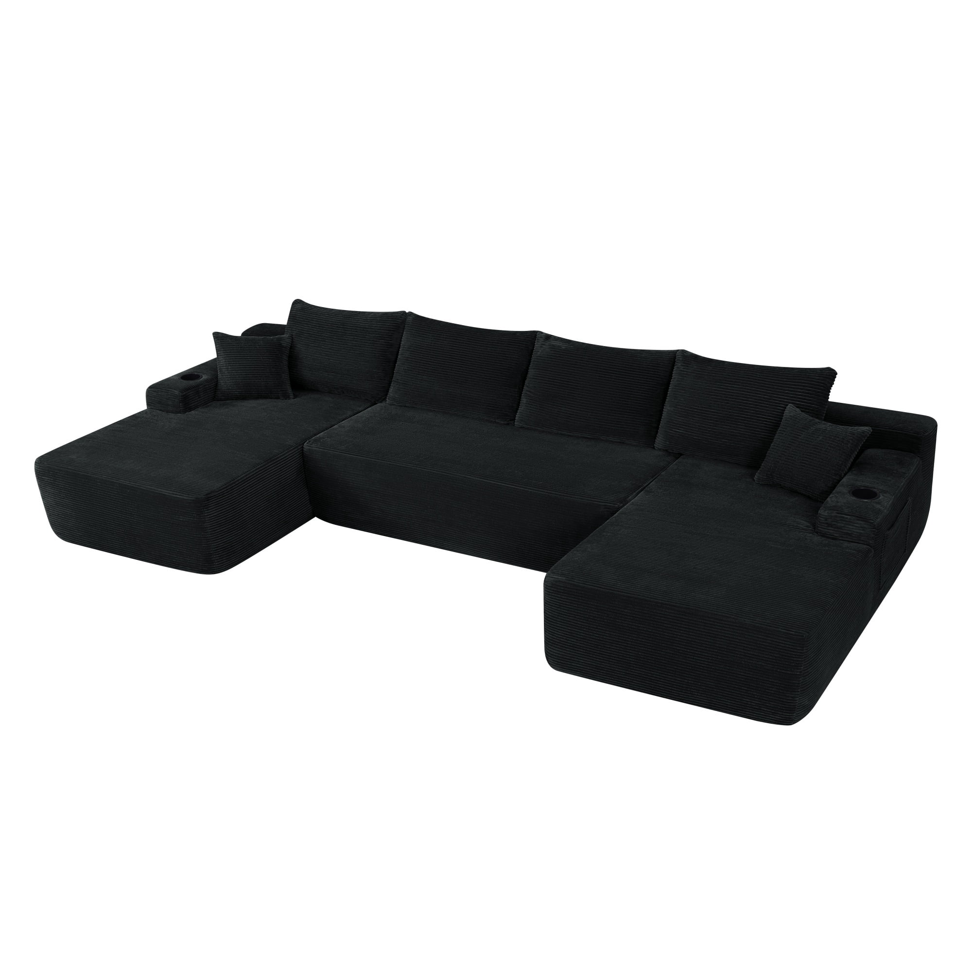 126"W U Shape No-Assembly Sectional Sofa with Chaise, Modular Couch Set with Pockets & Cup Holders, Deep Seat Upholstered Sofa