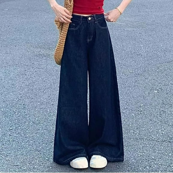 QIUOMBBP Women's Loose Wide Leg Jeans Young Girl Street Style Baggy High Waisted Trousers Trendy Y2K Denim Pants, Blue, M
