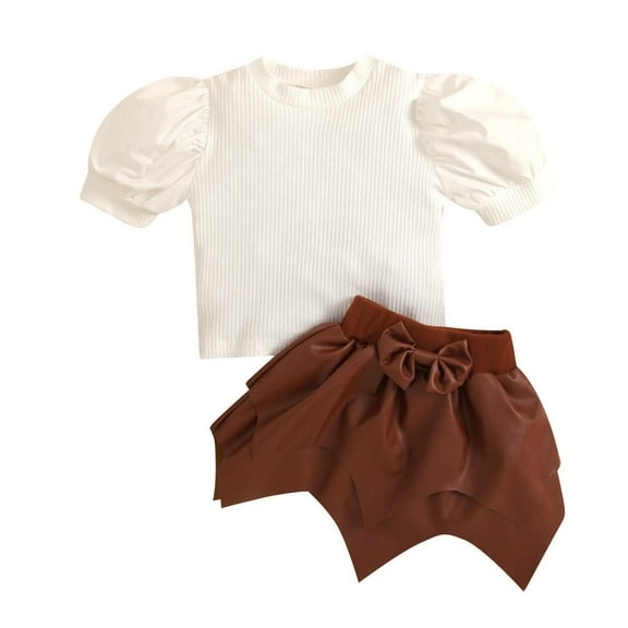 Scyoekwg Girls Clothes Infants Toddler Baby Girls Outfits Knitted Puff Short-sleeved Top Bow-tie Waist Irregular Leather Skirt Two-piece Set (Brown,5-6 Years)