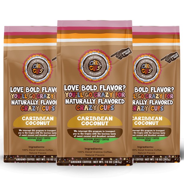 Crazy Cups Decaf Caribbean Coconut Medium Roast Ground Coffee, 3, 10 oz