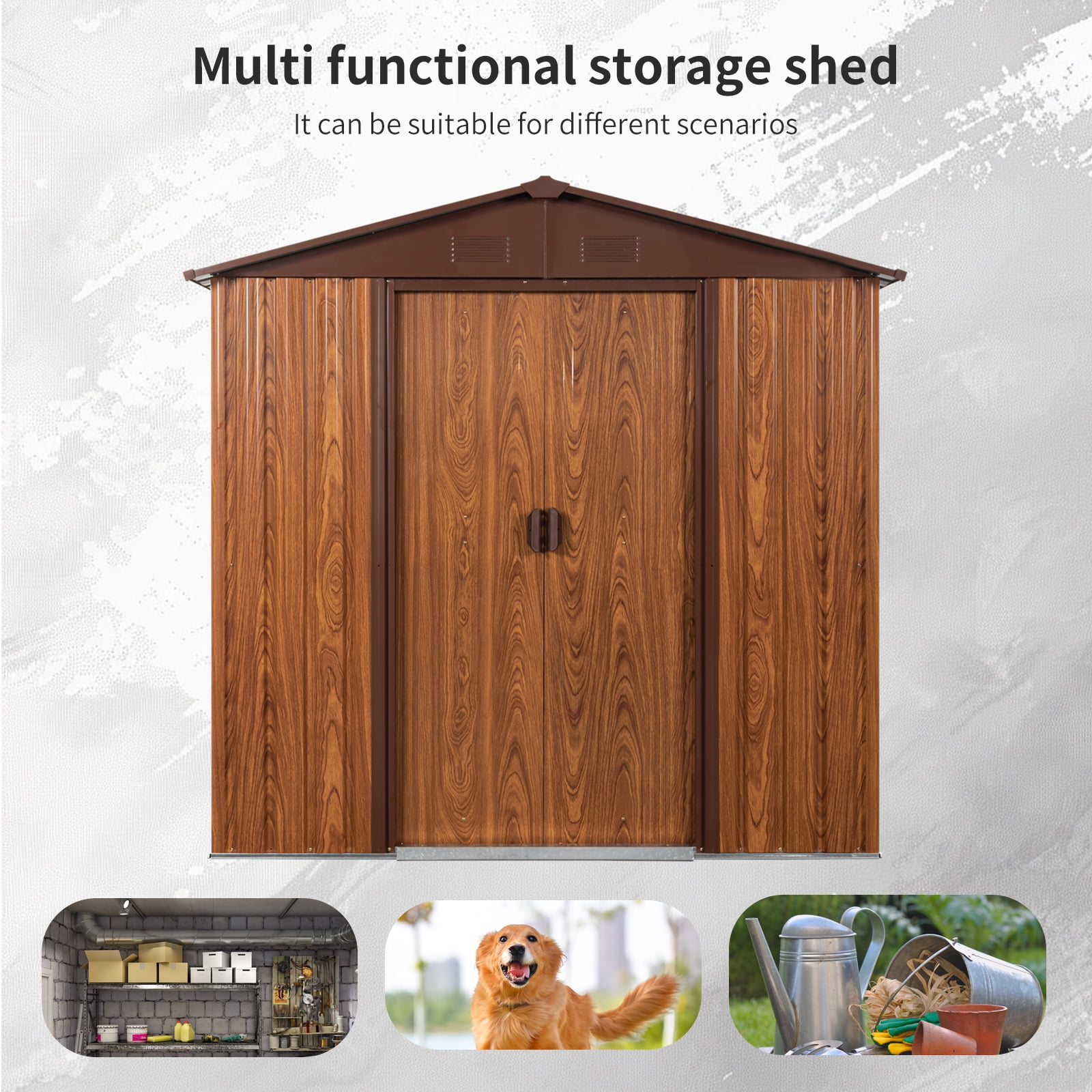 CarButler 6x6ft Metal Outdoor Storage Shed with Window and Lockable Sliding Doors for Garden Backyard Patio Lawn Coffee