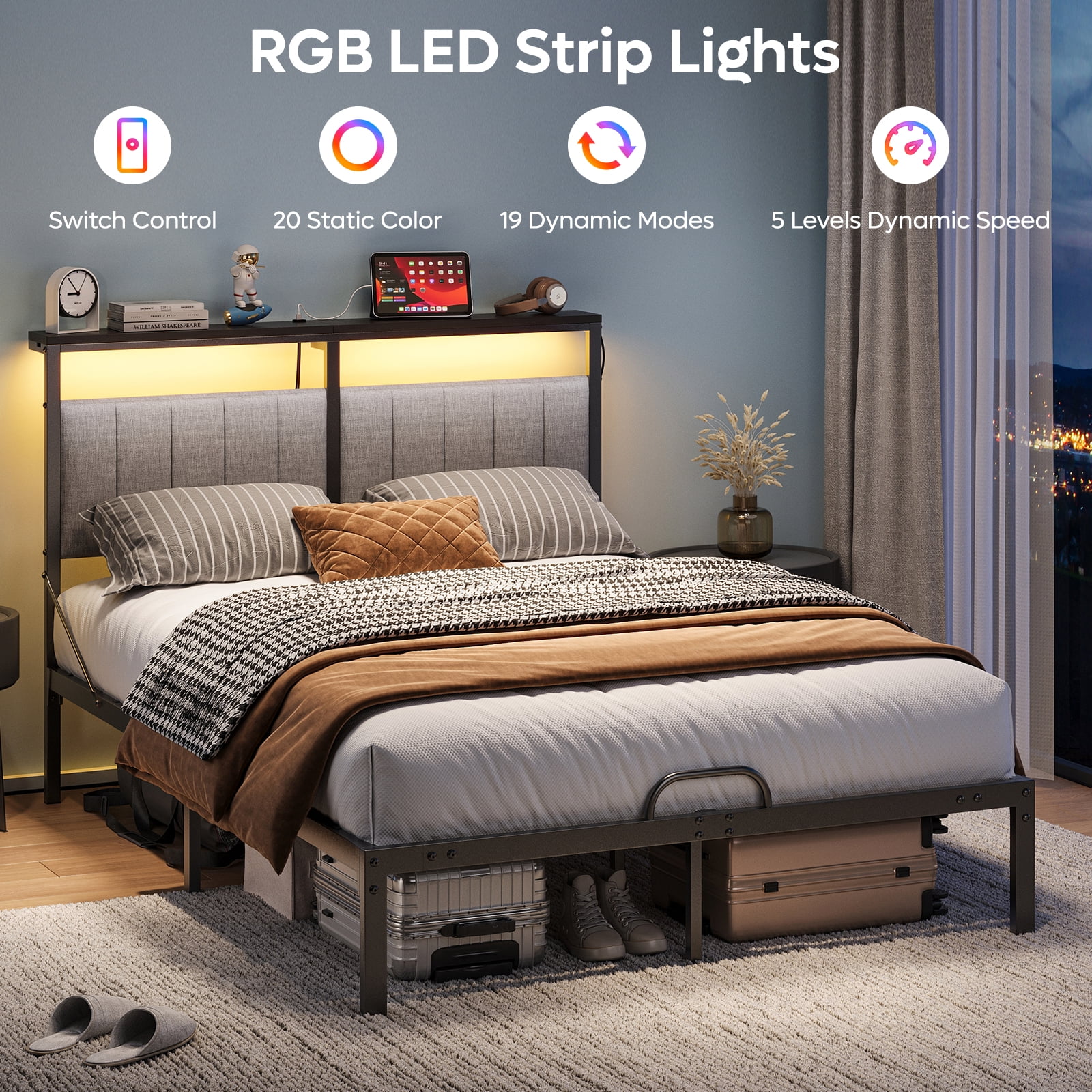 Full Size Bed with Upholstered Headboard | Bestier Metal Platform Bedframe with LED Lights, USB Charging Station & Storage Shelf, Gray Fabric