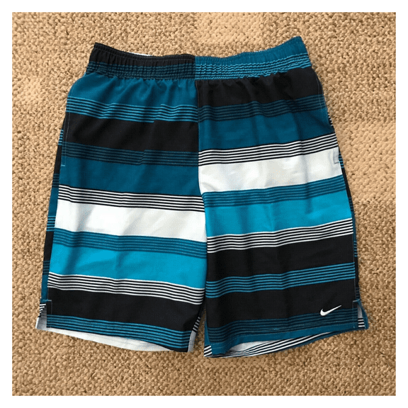 Nike Men's Swim Trunks   Mesh Lined 9" Swimsuit Shorts, Teal Blue Striped ,MED