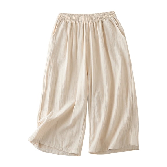Linen Capri Pants for Women High Waisted Linen Loose Wide Leg Casual Breathable Trousers Summer Pants