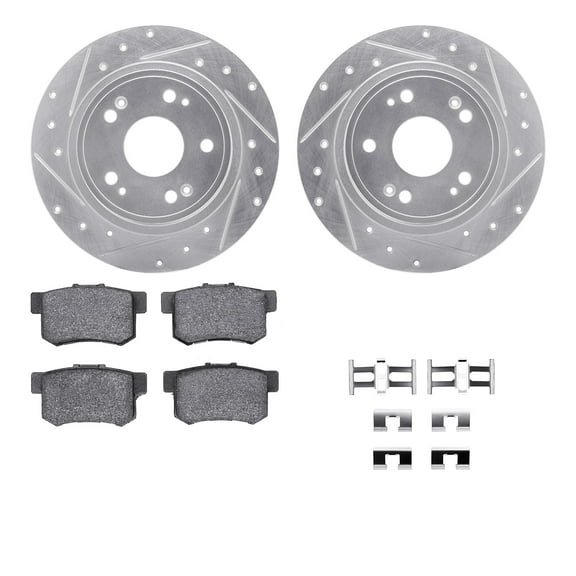 Dynamic Friction Company Rear Brake Rotors-Drilled and Slotted-Silver with 5000 Advanced Brake Pads includes Hardware 7512-59043
