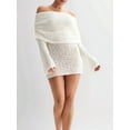 thumbnail image 2 of Women'S Off Shoulder Mini Skirt Bodycon Long Sleeve Crochet Out Going Mesh Elegant Sweater Dress White S, 2 of 8