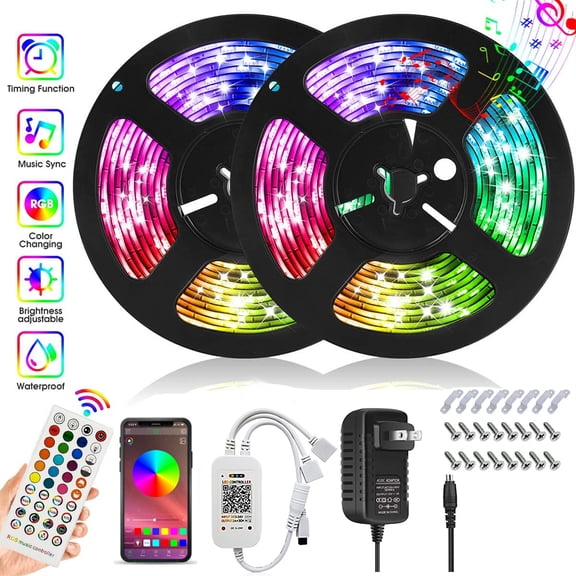 32.8ft/10M Led Strip Lights, Led Lights  for bedroom Music Sync Color Changing SMD5050 600 LEDs RGB Light Strips with Bluetooth Controller for TV,, Party and Home Decoration