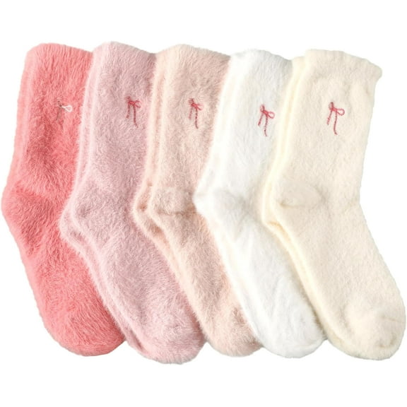 5 Pairs Women's Bow Fuzzy Socks Winter Soft Slipper Socks Coquette Stuff Fluffy Thick Spa Home Sleeping