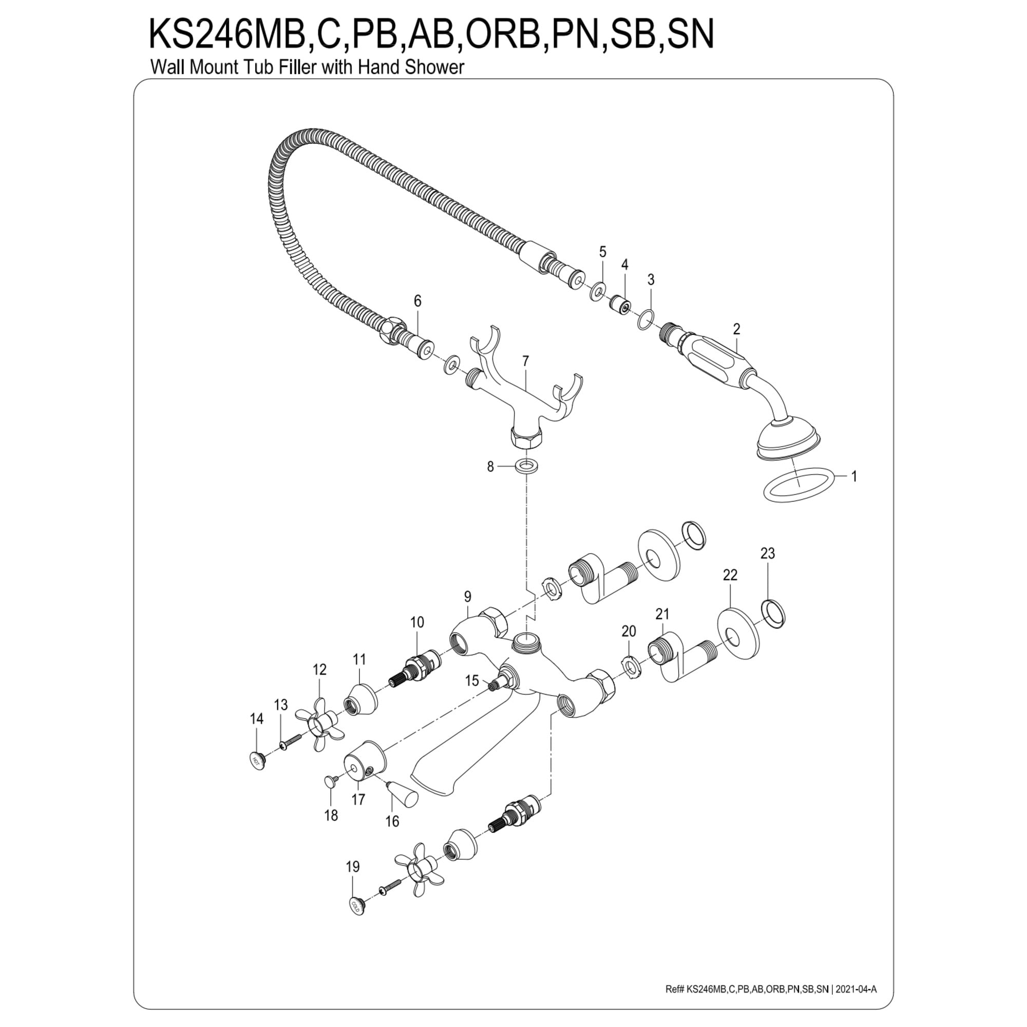 Kingston Brass KS246PN Essex Three-Handle 2-Hole Wall Mount Clawfoot Tub Faucet with Handshower in Polished Nickel