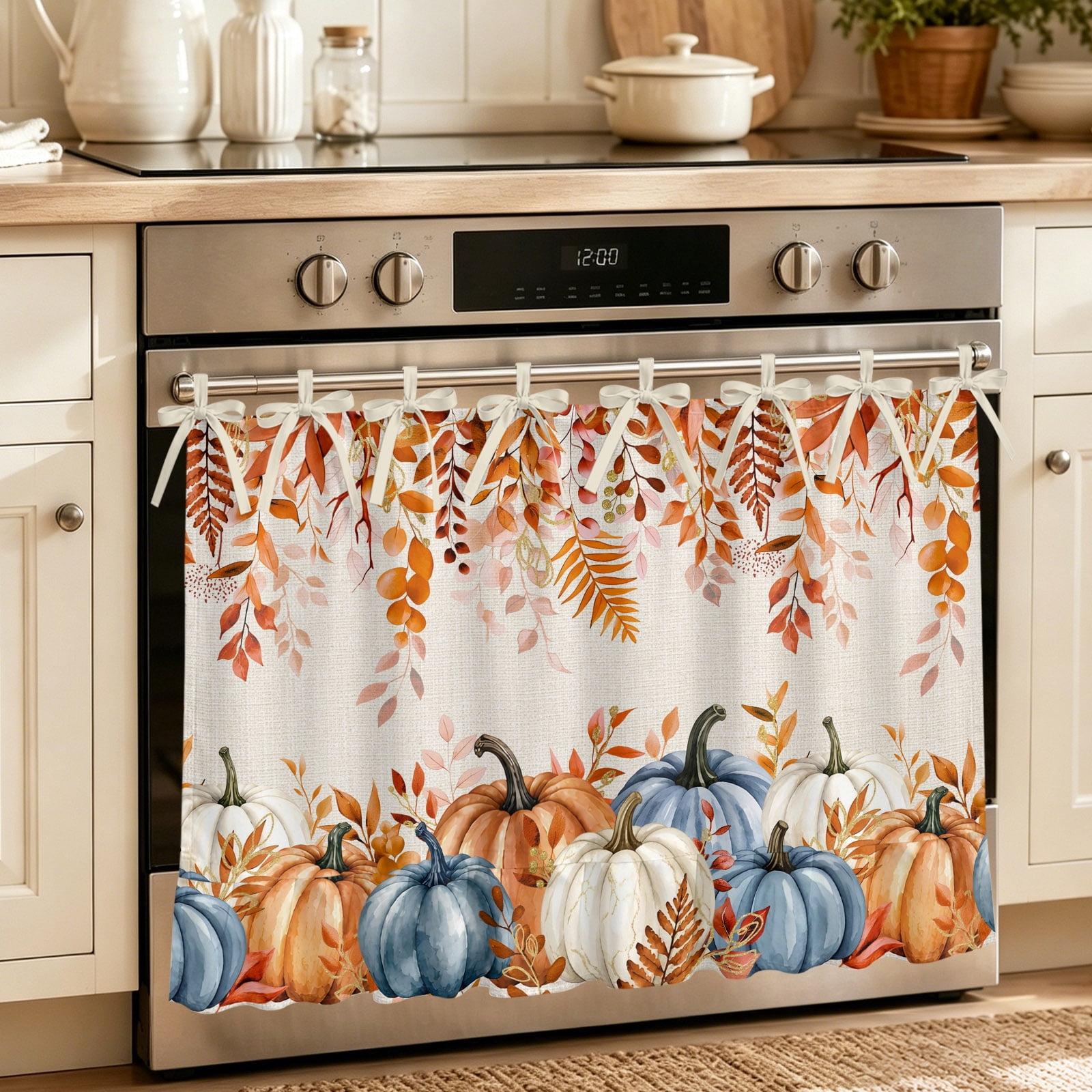 Oven Curtain for Kitchen Fall Thanksgiving Pumpkin Foliage Stove Curtain With Ruffled Trim Dishwasher Curtains Farm Maple Leaves Retro Oven Skirt 32 x24
